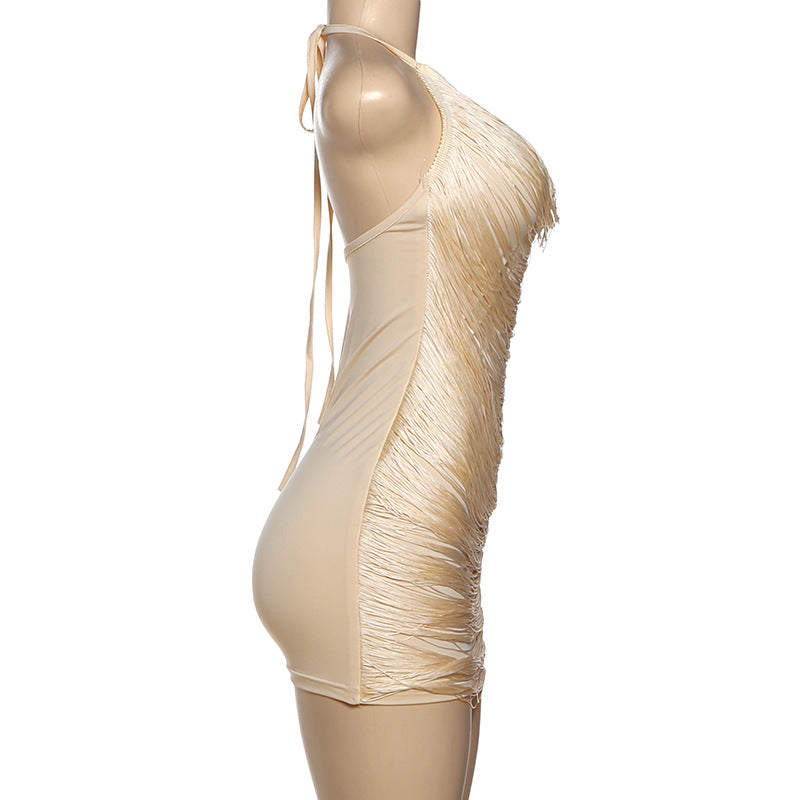 Halter Neck Fringe Bodycon Mini Dress - Apricot - 2