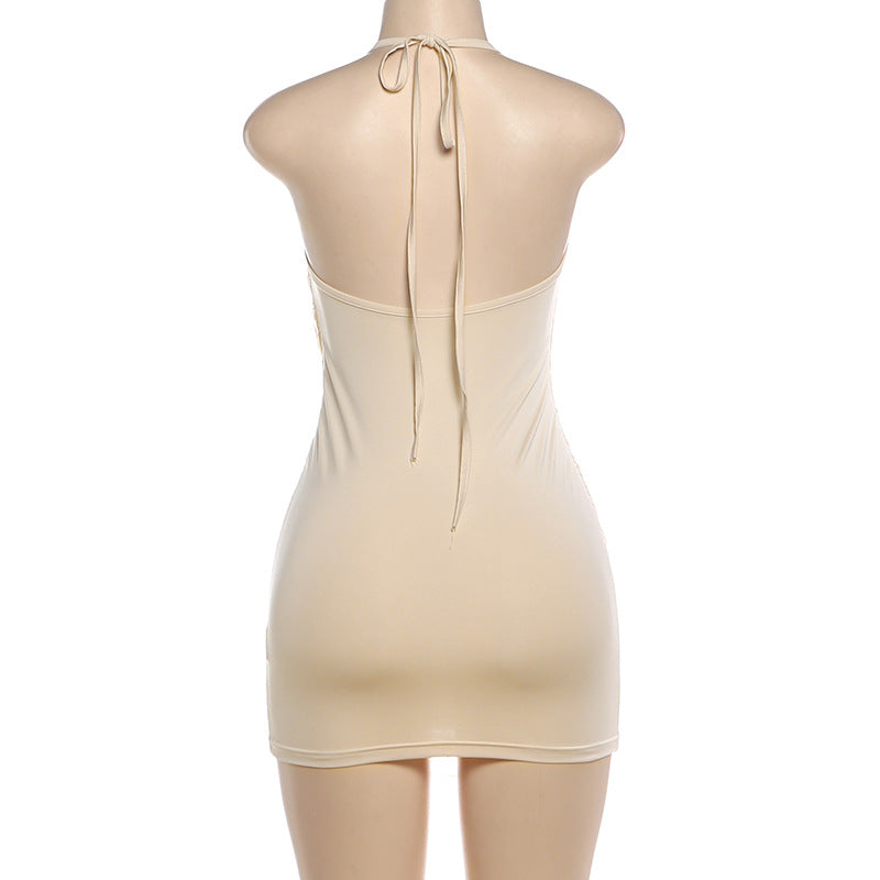 Halter Neck Fringe Bodycon Mini Dress - Apricot - 3