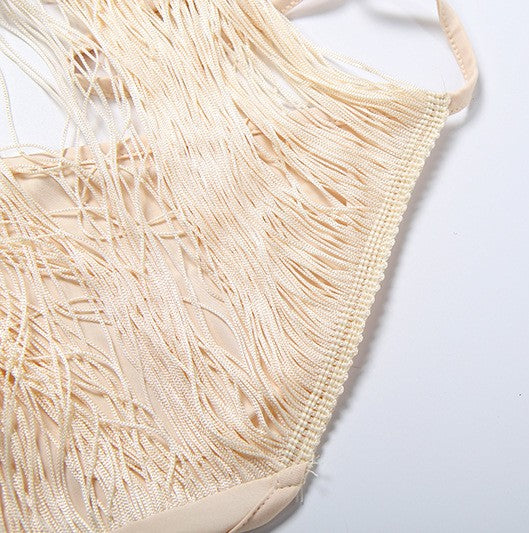 Halter Neck Fringe Bodycon Mini Dress - Apricot - 4