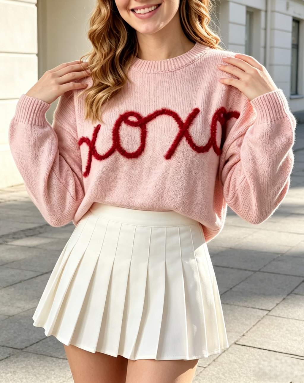 Chunky Xoxo Script Knit Pullover - Pink