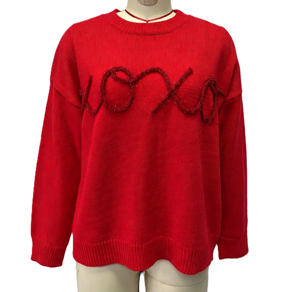 Chunky Xoxo Script Knit Pullover - Red
