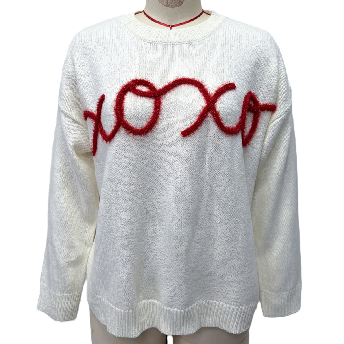 Chunky Xoxo Script Knit Pullover - White