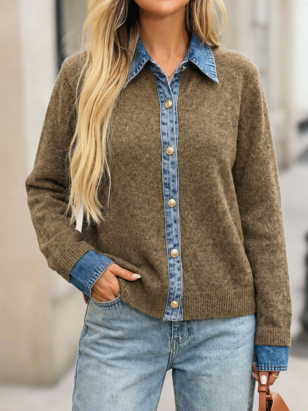 Faux Layered Knit Sweater with Denim Placket - Camel