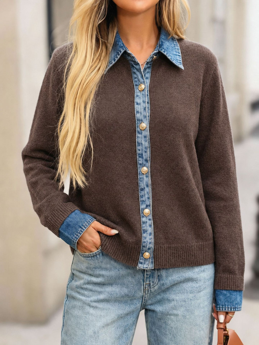 Faux Layered Knit Sweater with Denim Placket - Coffee