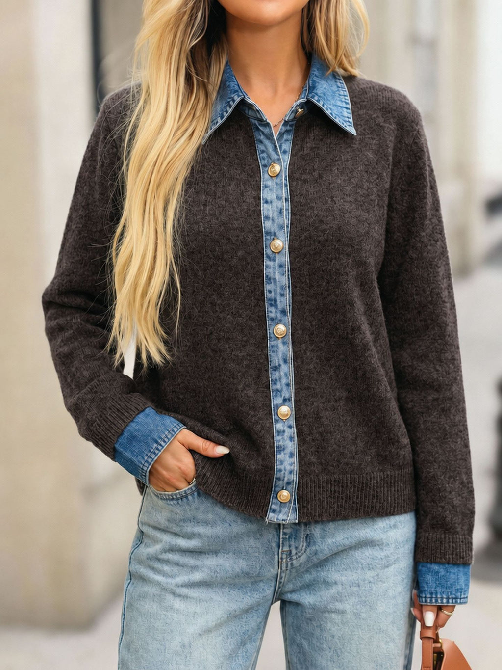 Faux Layered Knit Sweater with Denim Placket - Dark_Brown