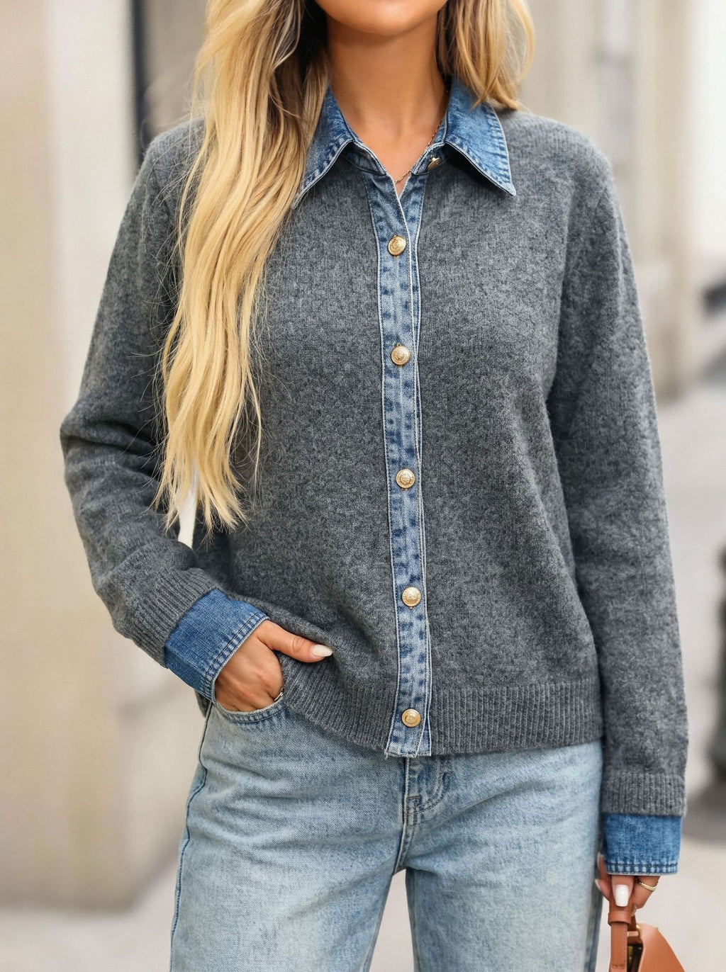 Faux Layered Knit Sweater with Denim Placket - Dark_Grey