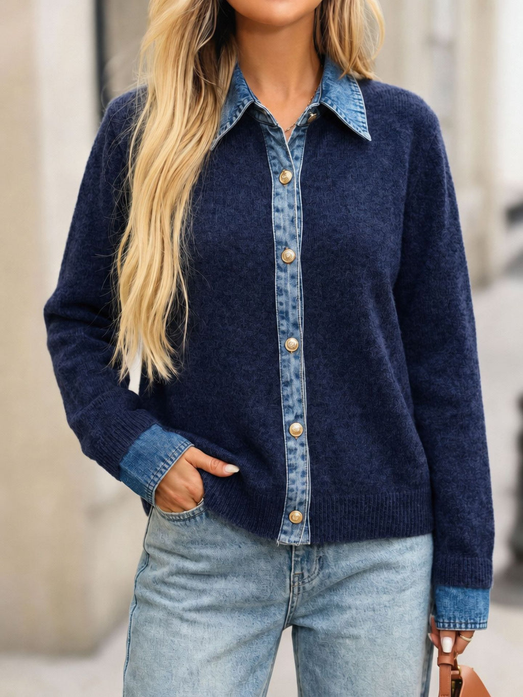 Faux Layered Knit Sweater with Denim Placket - Navy