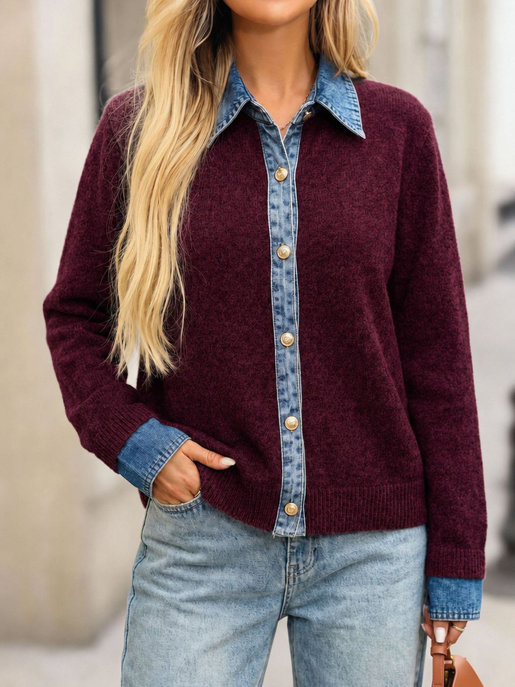 Faux Layered Knit Sweater with Denim Placket - Wine_Red
