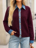 Faux Layered Knit Sweater with Denim Placket - Wine_Red