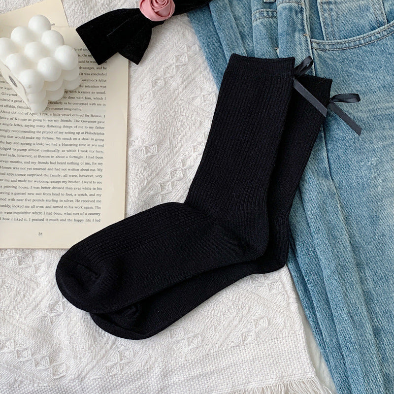 Satin Bow Ribbed Ballet Socks - Black