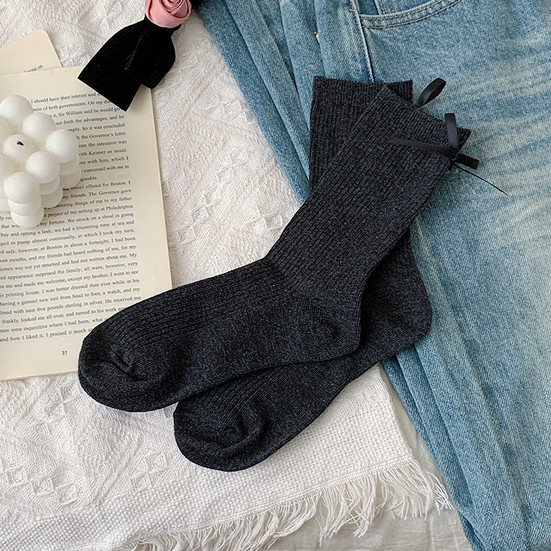 Satin Bow Ribbed Ballet Socks - DarkGrey