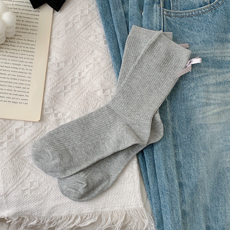 Satin Bow Ribbed Ballet Socks - LightGrey