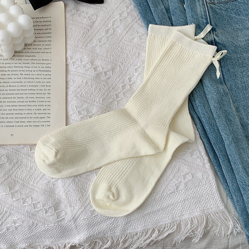 Satin Bow Ribbed Ballet Socks - OffWhite