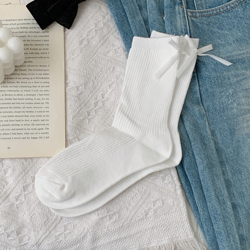 Satin Bow Ribbed Ballet Socks - White