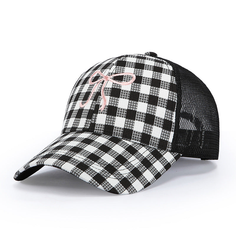 Gingham Trucker Cap With Embroidered Bow Detail - Black