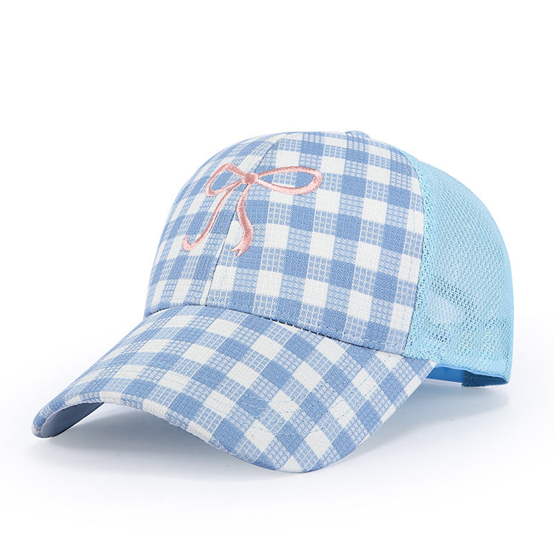 Gingham Trucker Cap With Embroidered Bow Detail - Blue