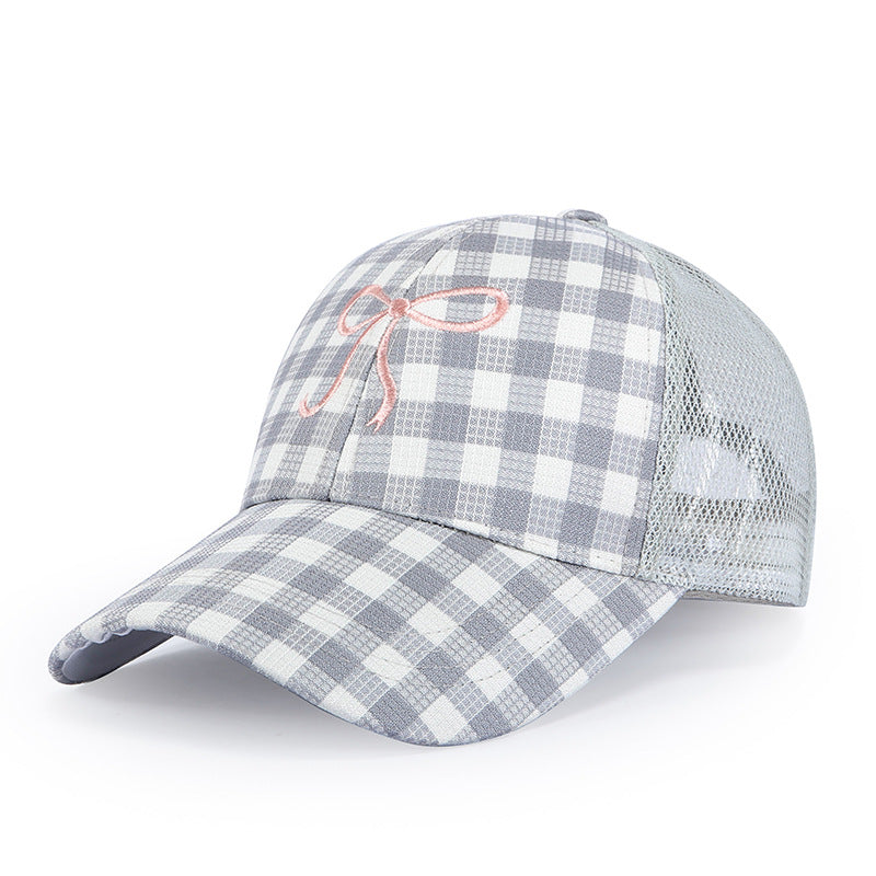 Gingham Trucker Cap With Embroidered Bow Detail - Grey