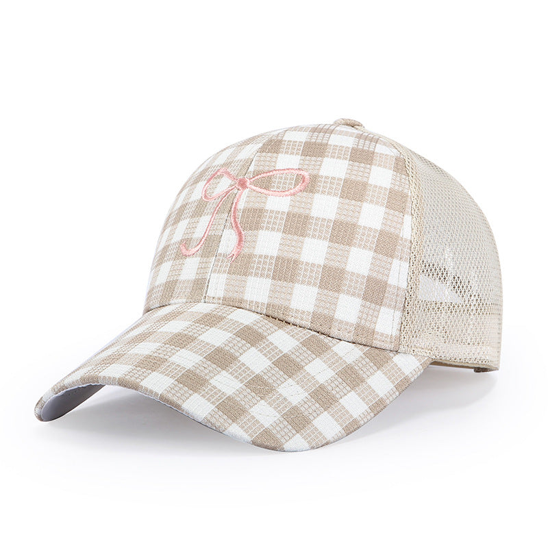 Gingham Trucker Cap With Embroidered Bow Detail - Khaki