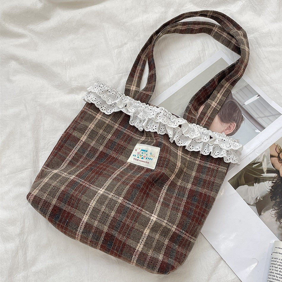 Lace Trim Plaid Wool Blend Tote - Color_1