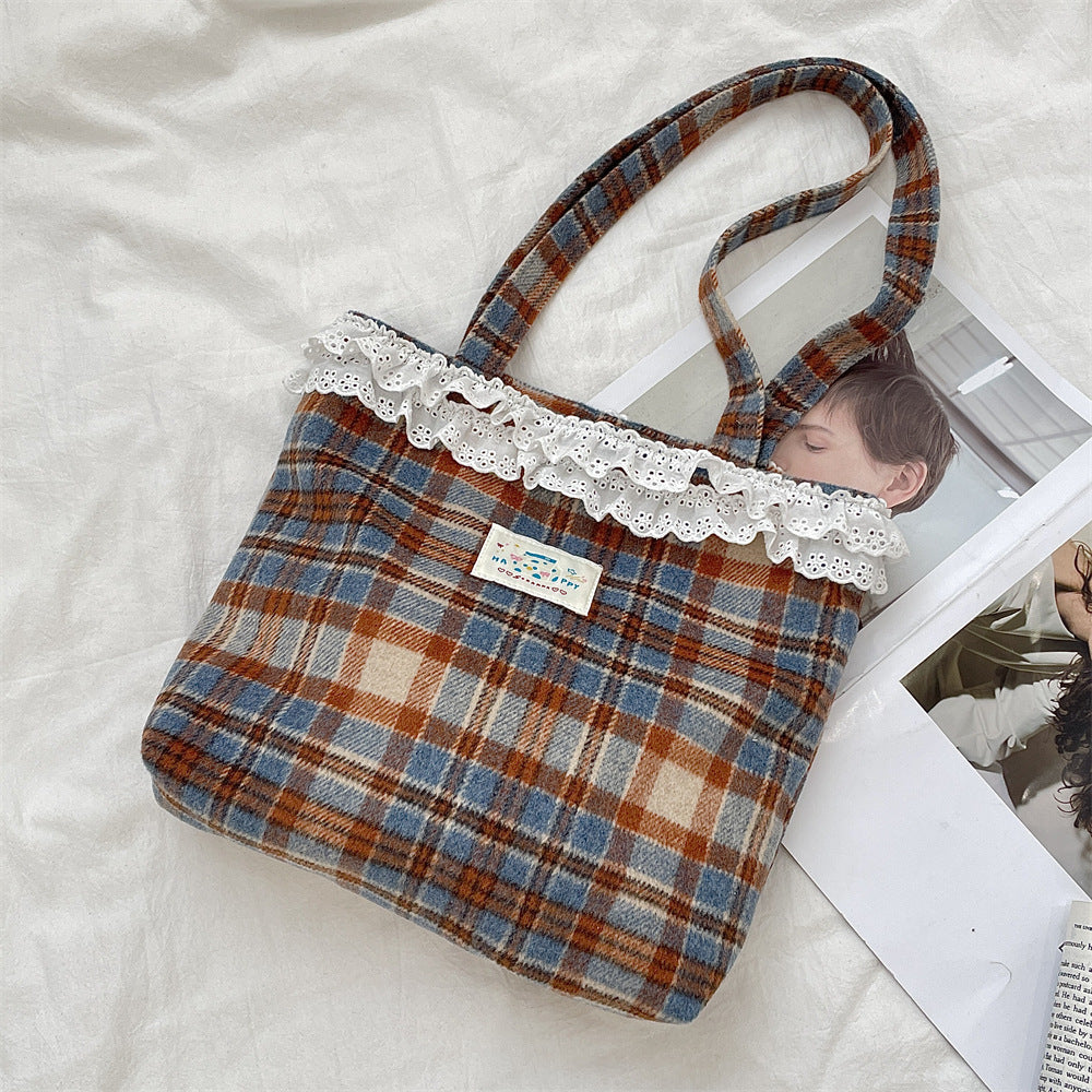 Lace Trim Plaid Wool Blend Tote - Color_2