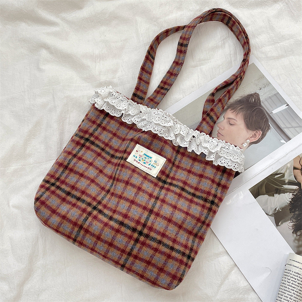 Lace Trim Plaid Wool Blend Tote - Color_3