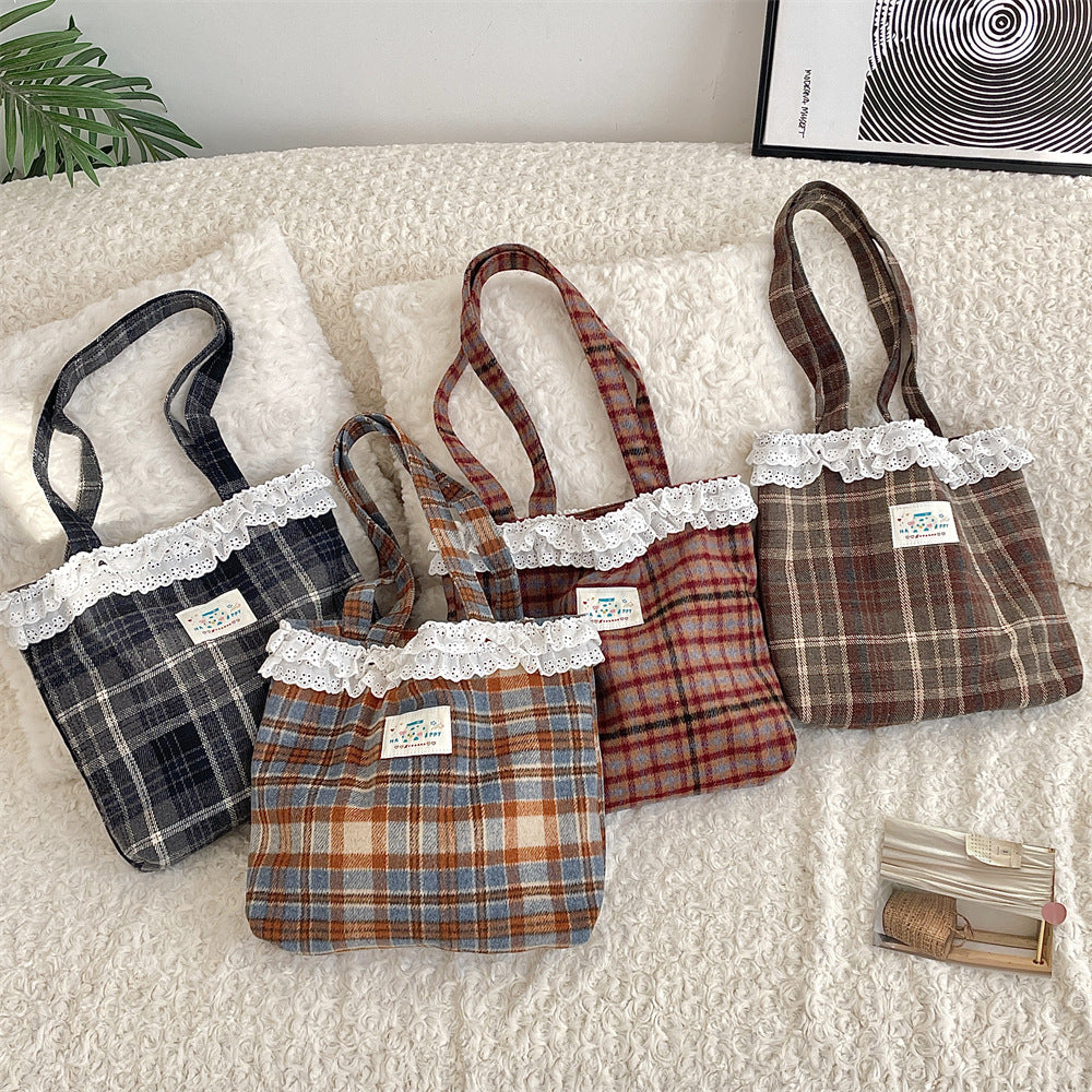 Lace Trim Plaid Wool Blend Tote