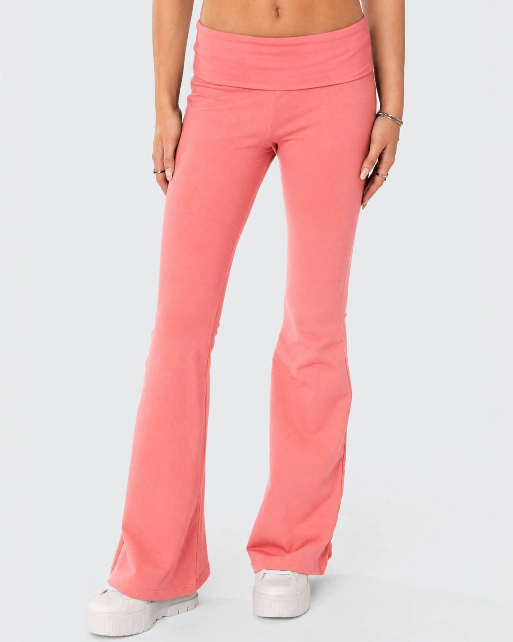 Foldover Waistband Stretch Flare Leg Pants - Coral