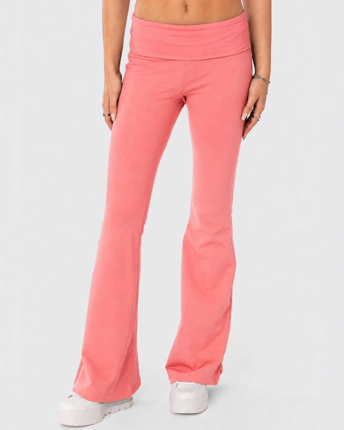 Foldover Waistband Stretch Flare Leg Pants - Coral