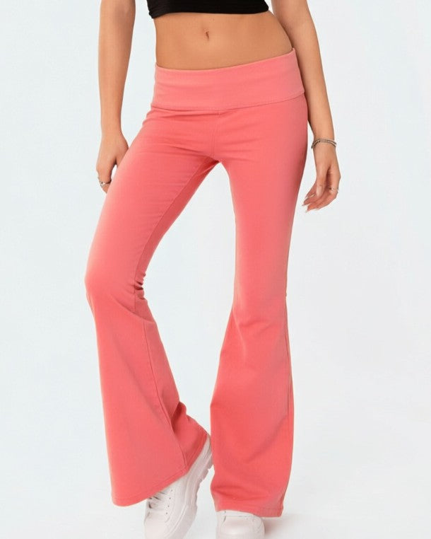 Foldover Waistband Stretch Flare Leg Pants - Coral - 1