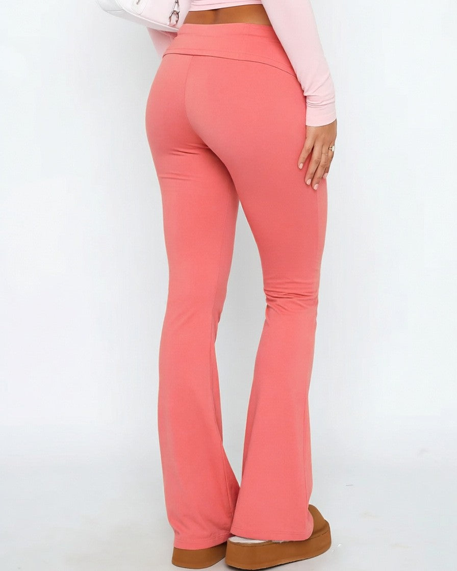 Foldover Waistband Stretch Flare Leg Pants - Coral - 2