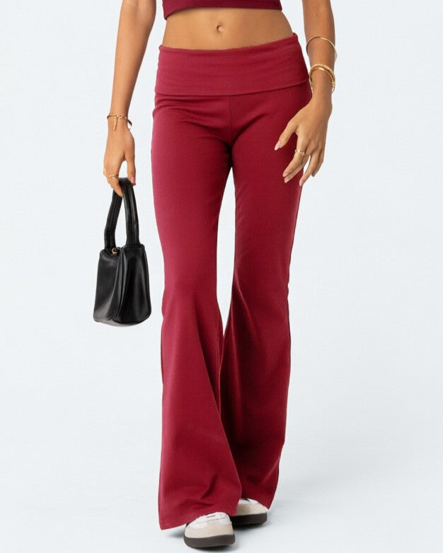 Foldover Waistband Stretch Flare Leg Pants - Red