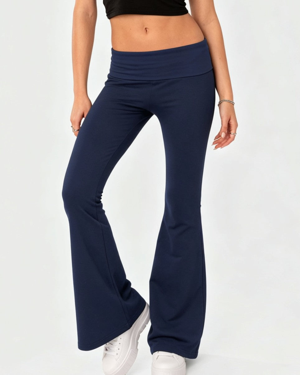 Foldover Waistband Stretch Flare Leg Pants - Royal_Blue