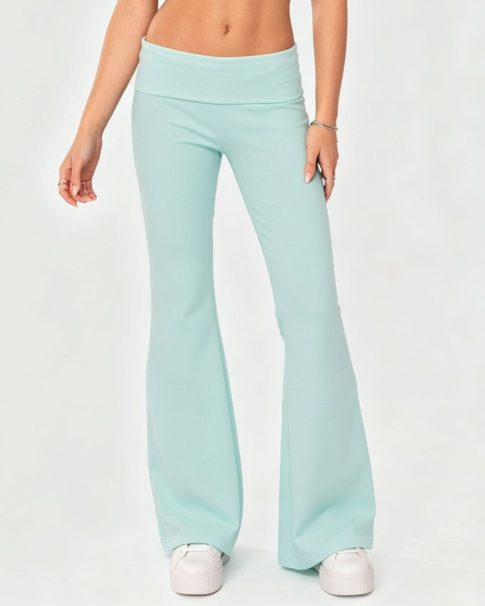 Foldover Waistband Stretch Flare Leg Pants - Sky_Blue