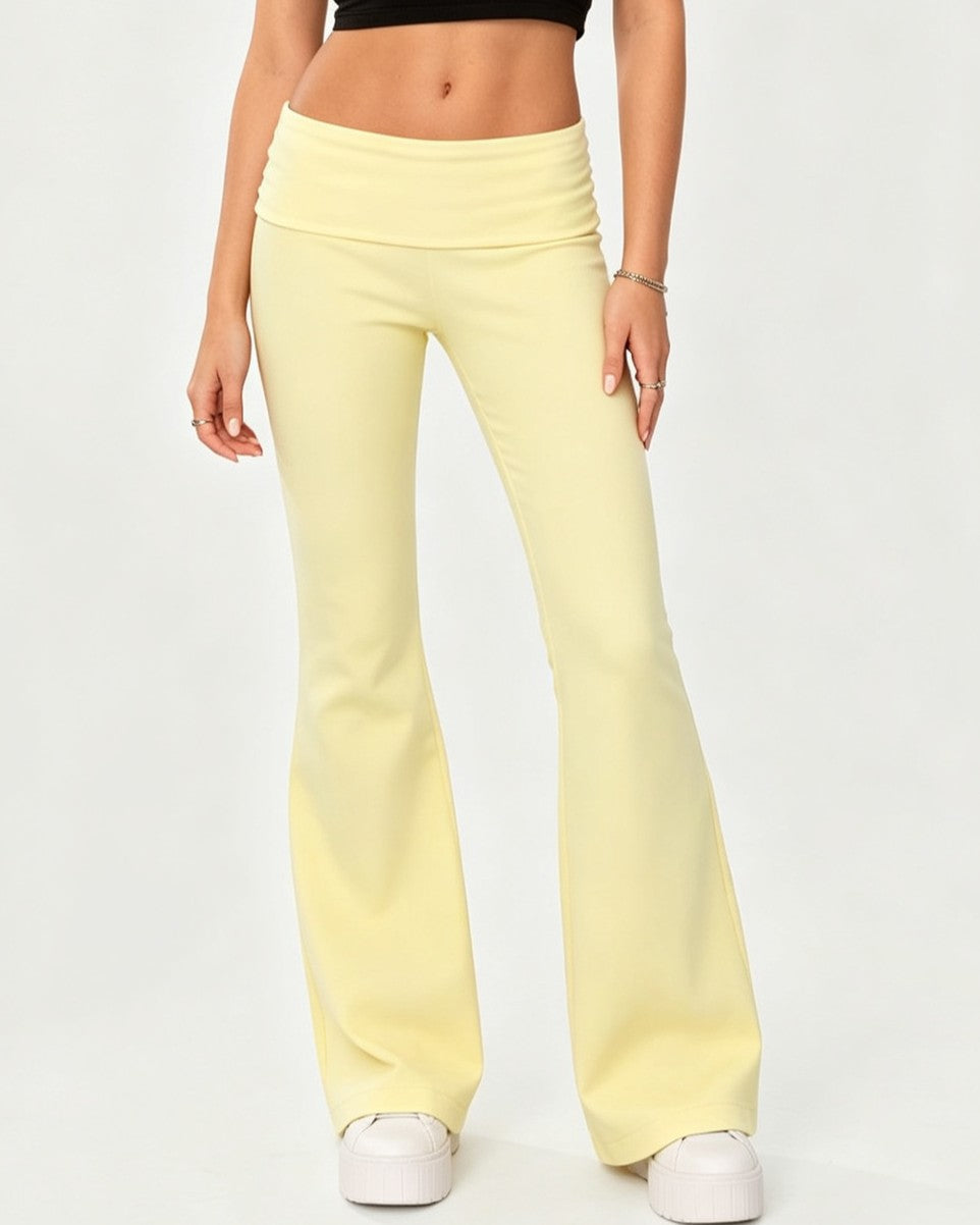 Foldover Waistband Stretch Flare Leg Pants - Yellow