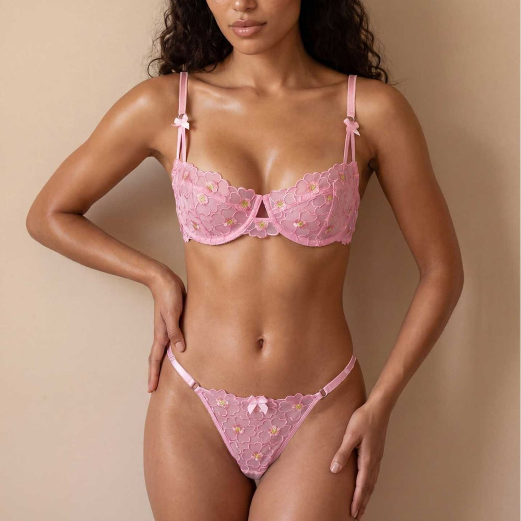 Pink Floral Embroidered Mesh Underwire Bra Thong Set