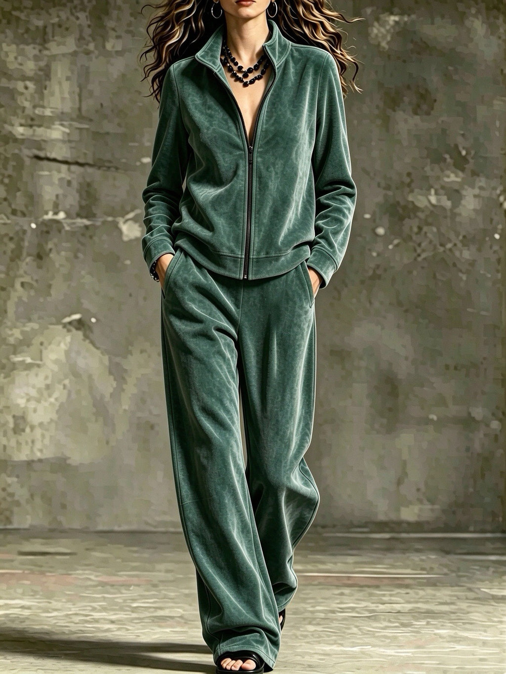 Faux Suede Zip Up Wide Leg Athletic Tracksuit - Forest Green