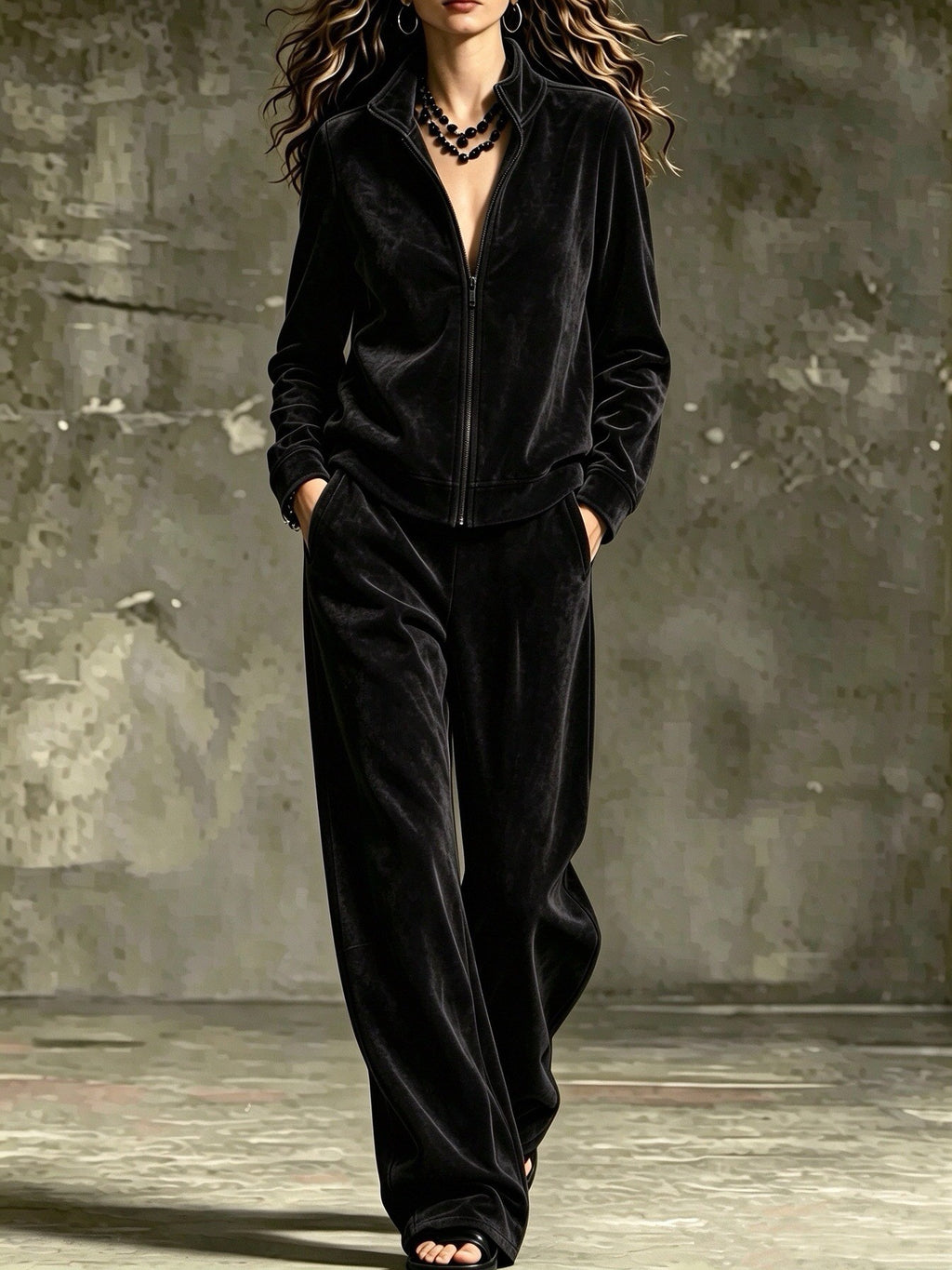 Faux Suede Zip Up Wide Leg Athletic Tracksuit