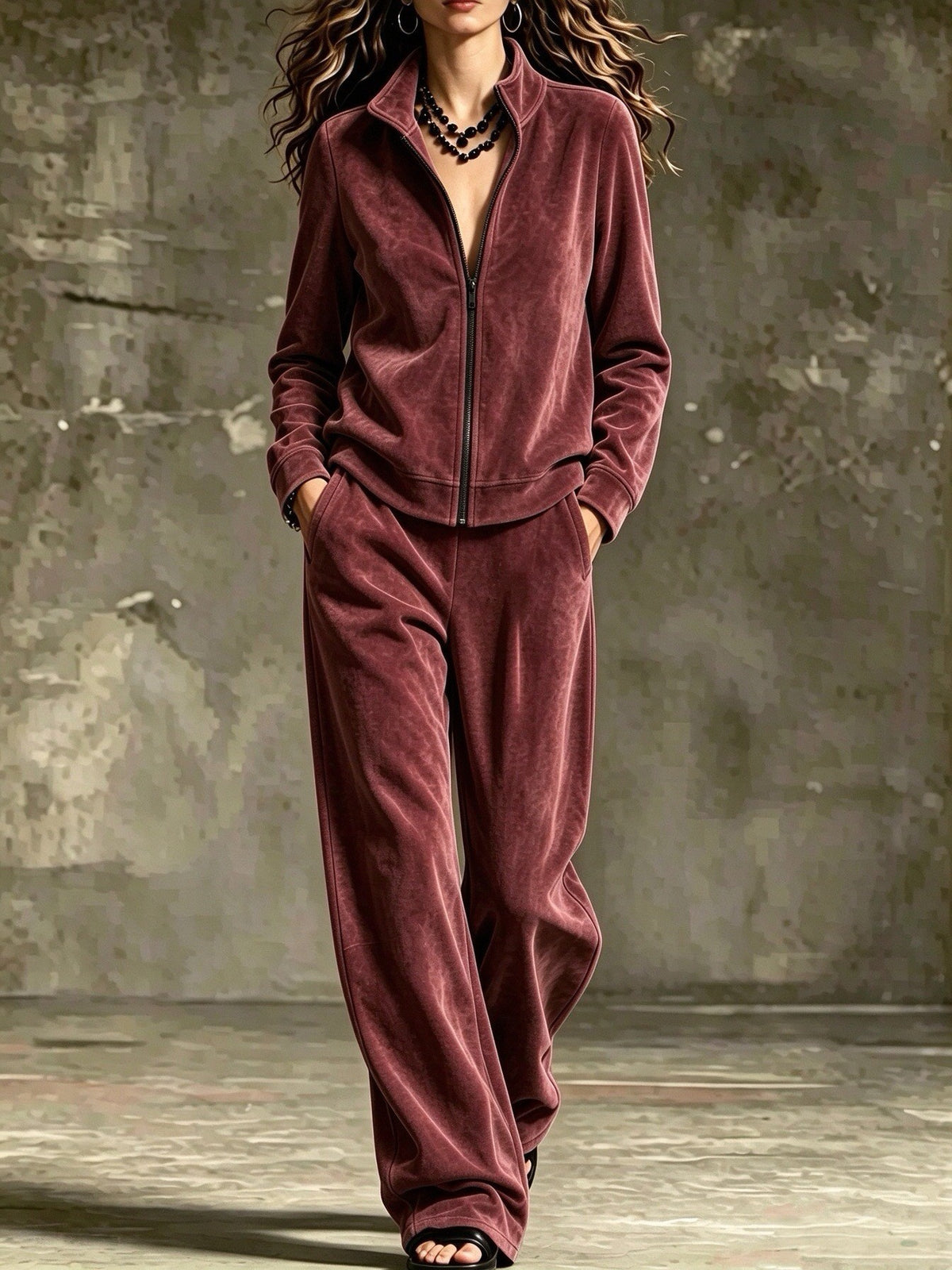 Faux Suede Zip Up Wide Leg Athletic Tracksuit