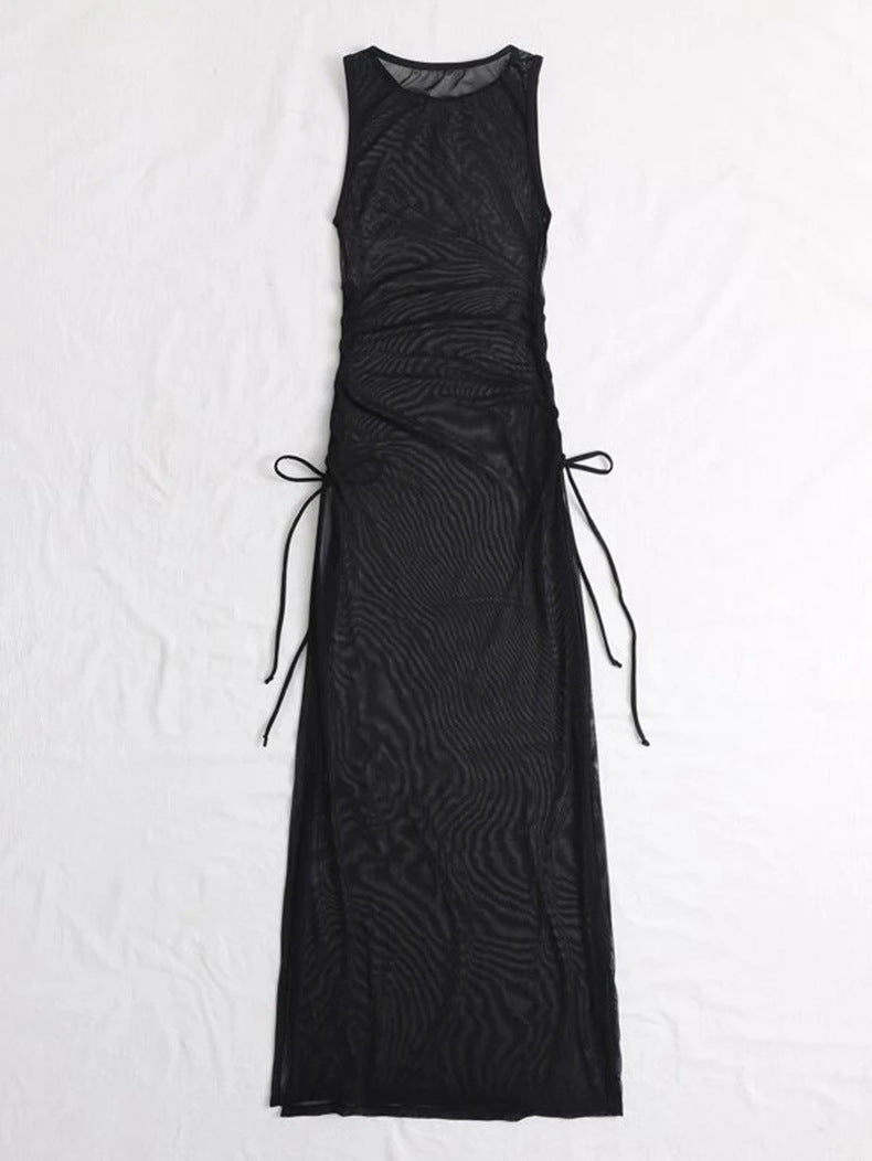 Ruched Side Slit Mesh Maxi Cover Up - Black - 1