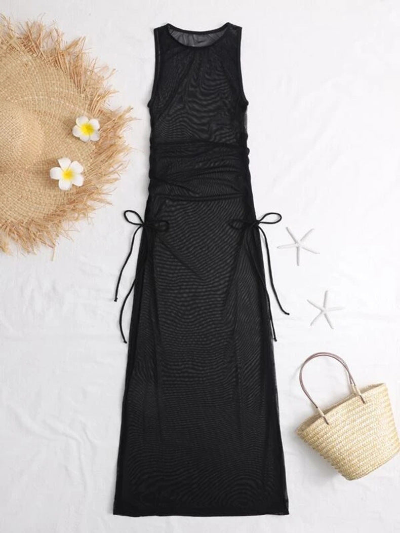 Ruched Side Slit Mesh Maxi Cover Up - Black - 4
