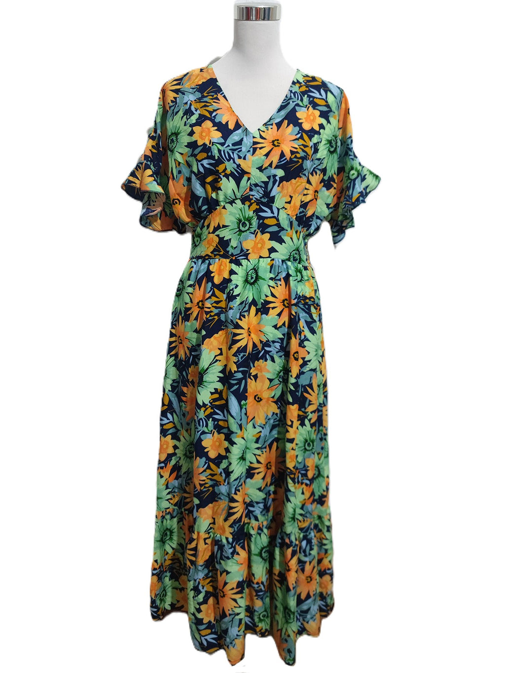 Bold Floral Flutter Sleeve Wrap Maxi Dress - Green