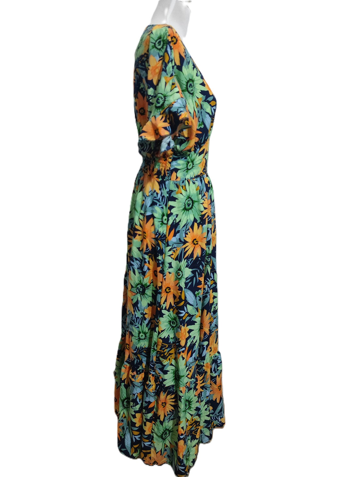 Bold Floral Flutter Sleeve Wrap Maxi Dress - Green - 1