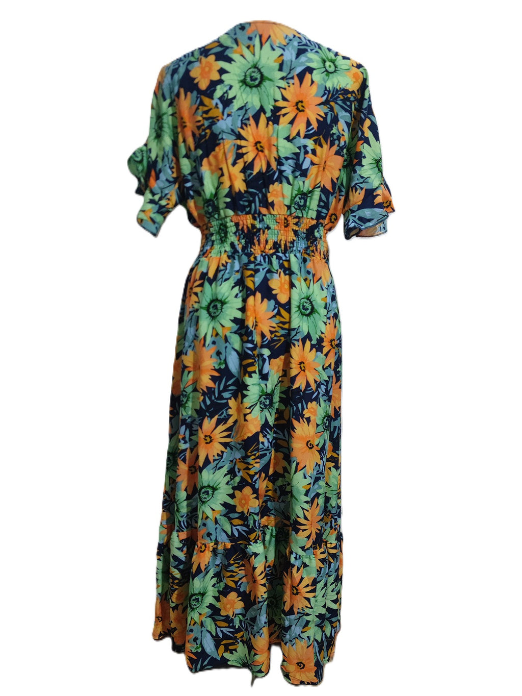 Bold Floral Flutter Sleeve Wrap Maxi Dress - Green - 2