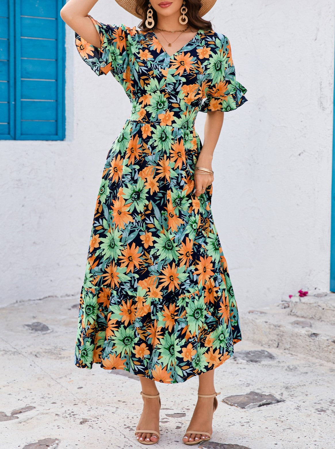 Bold Floral Flutter Sleeve Wrap Maxi Dress - view 1