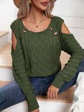 Cold Shoulder Cable Knit Button Sweater - Green