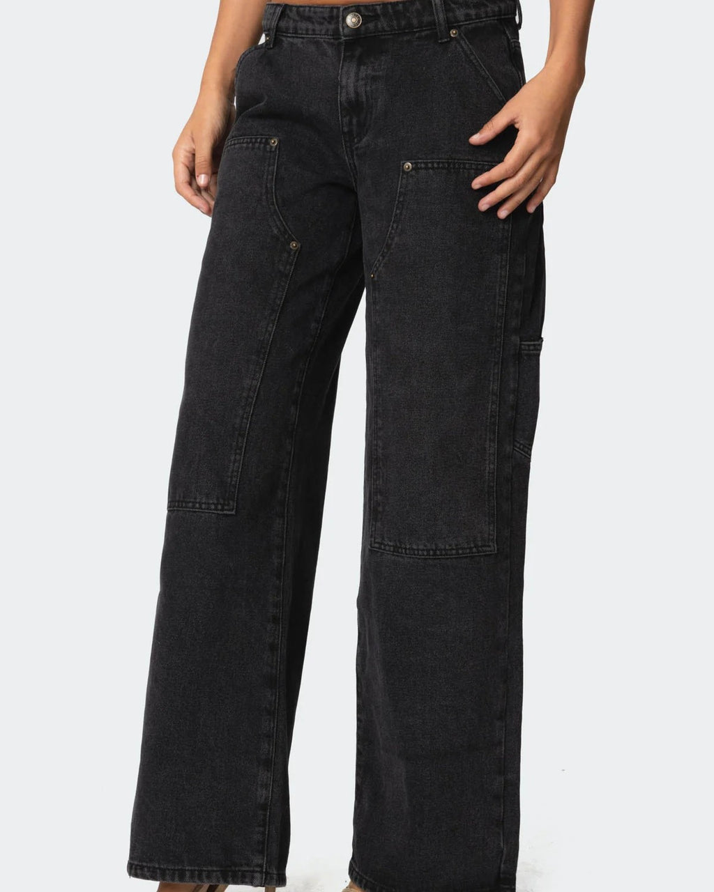 Washed Utility Pocket Wide Leg Jeans - Black - 1