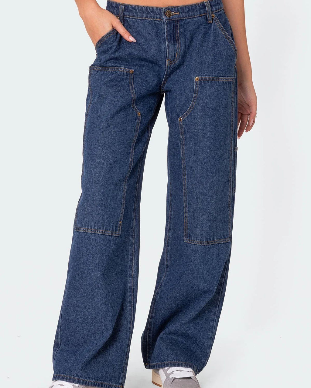 Washed Utility Pocket Wide Leg Jeans - Blue