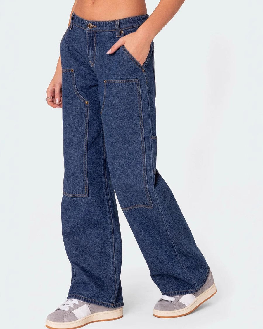 Washed Utility Pocket Wide Leg Jeans - Blue - 1