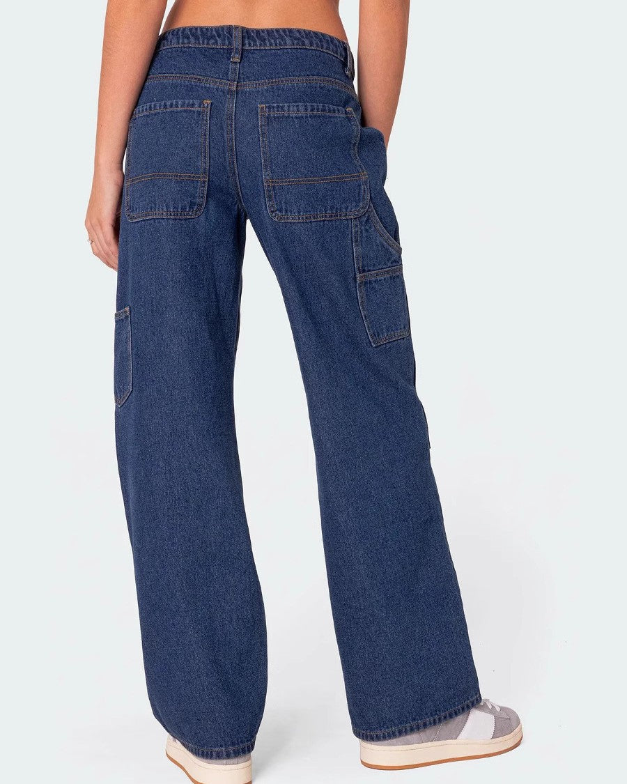 Washed Utility Pocket Wide Leg Jeans - Blue - 2