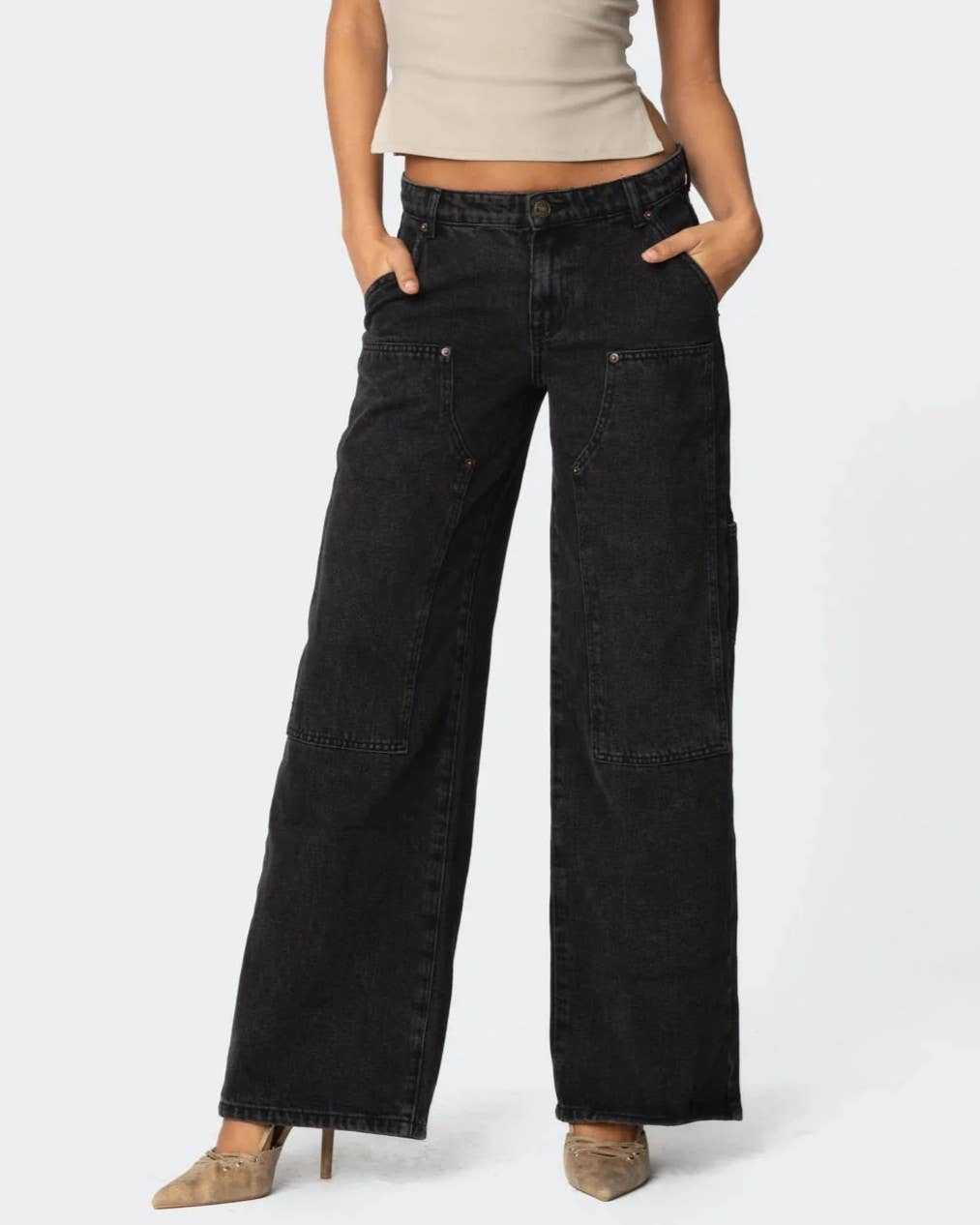 Washed Utility Pocket Wide Leg Jeans